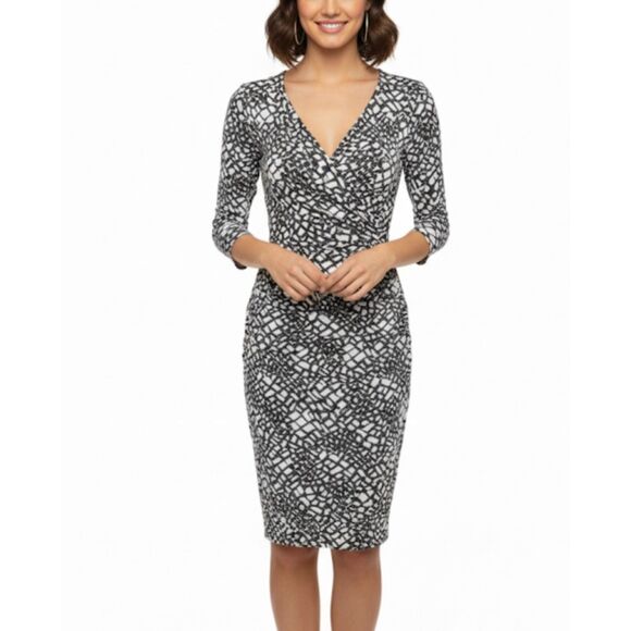 Lauren Ralph Lauren Ivory Gray Geo Print Faux Wrap Bodycon Ruched Dress Size 6 - Picture 1 of 14